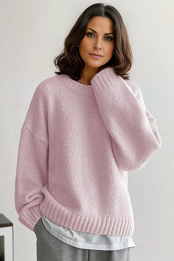 Rina - Pull rose uni à col rond