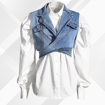 Nelia - Gilet en denim et blouse à manches bouffantes