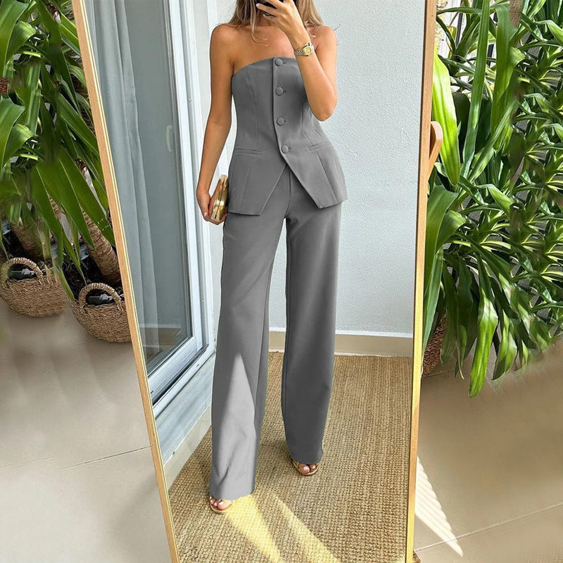 Jenica - Top tubulaire sexy à la mode avec boutons et ensemble pantalon